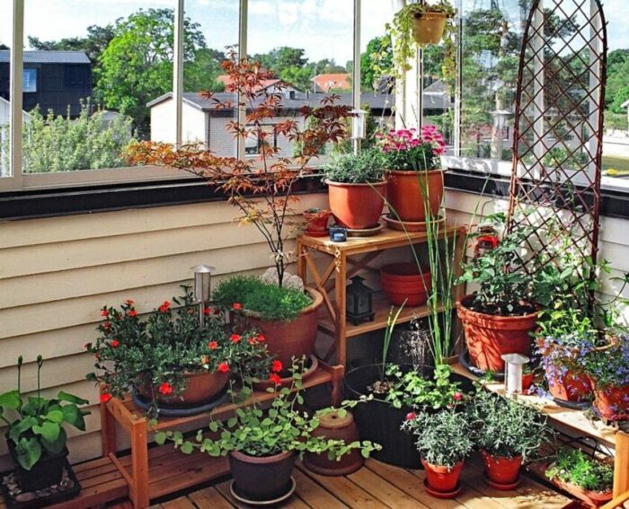 A balcony with potted plants and a gardening ideas for balcony.