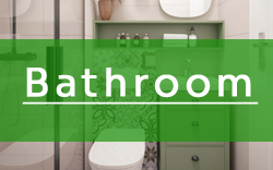 A bathroom with a green sign that says bathroom.