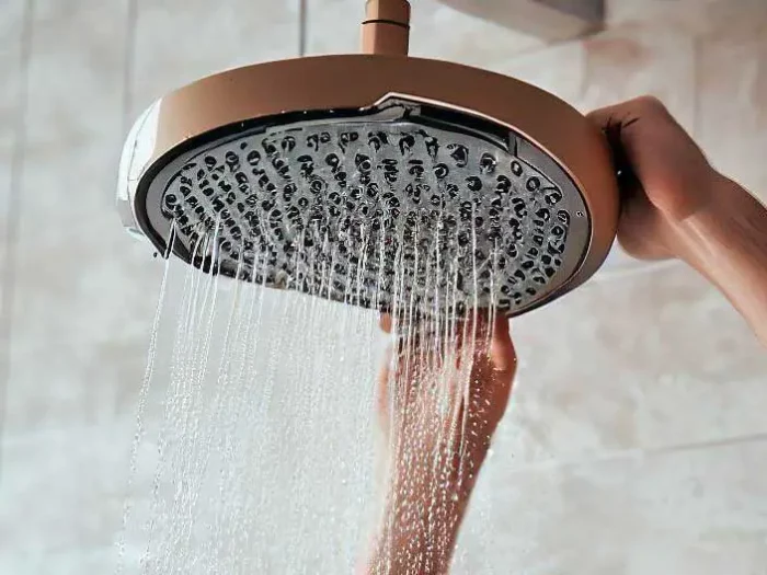A person is holding a shower head.