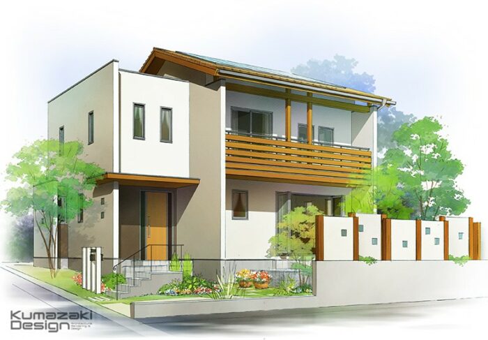 A rendering of a modern house with a wooden fence.