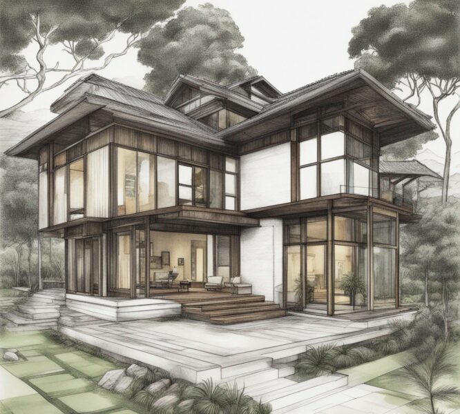 Modern house drawing in the woods.