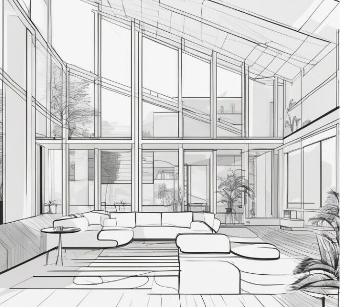 modern house drawing floor to ceiling windows