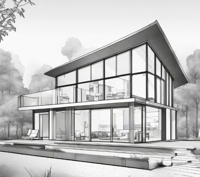 A black and white modern house drawing.