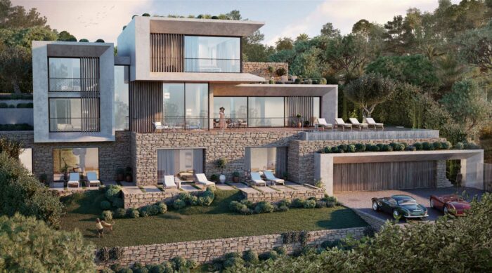 A modern mansion with an exterior design rendered in 3D.