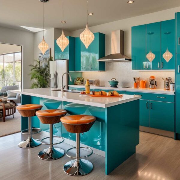 A kitchen with turquoise cabinets and orange stools.
