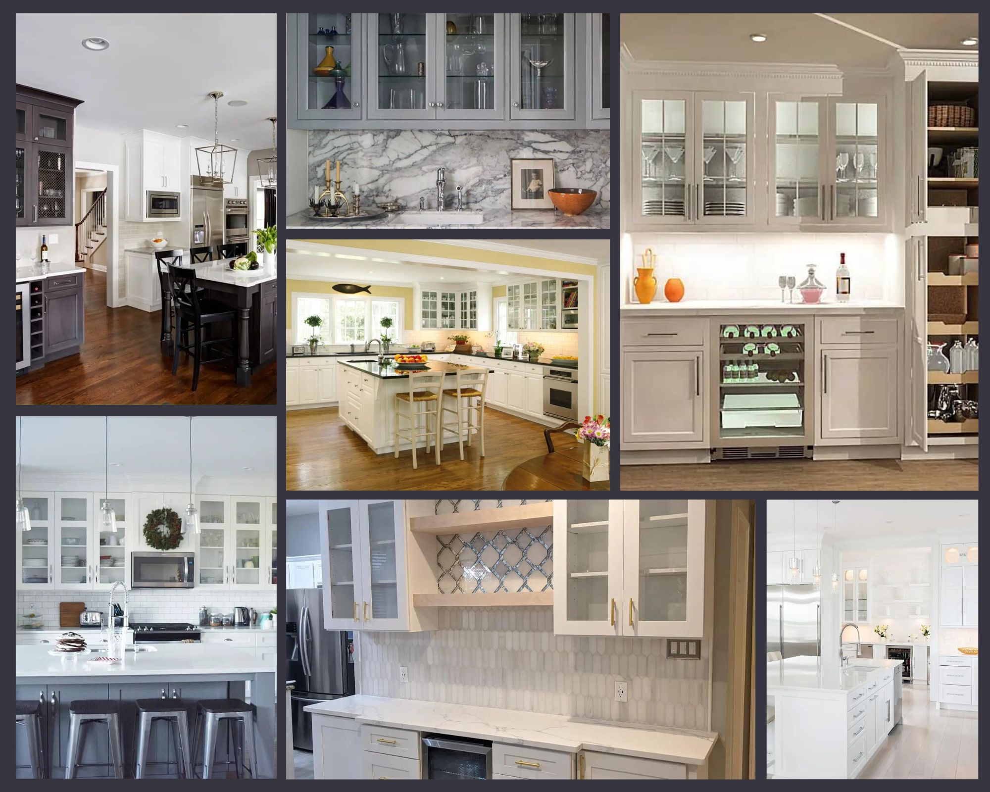 A collage of kitchen cabinets.