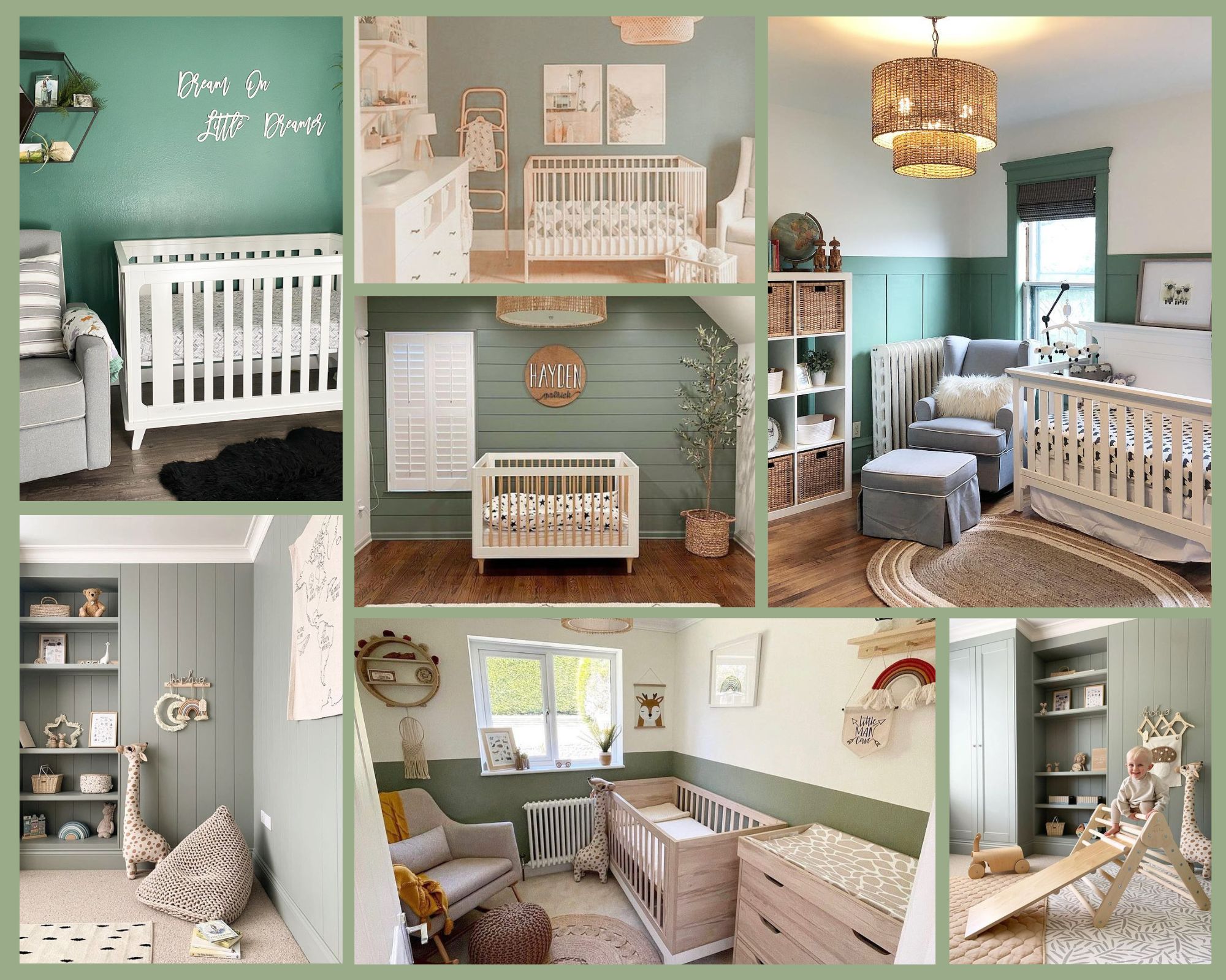 A collage of pictures showcasing a serene and soothing sage green nursery.