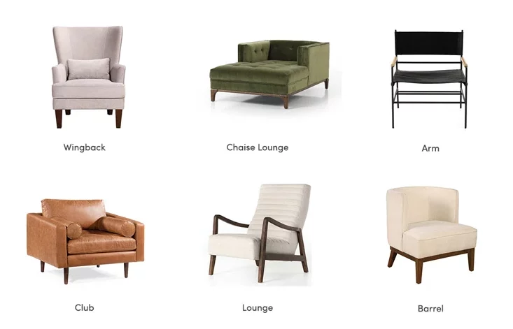 A collection of lounge chairs for the living room.