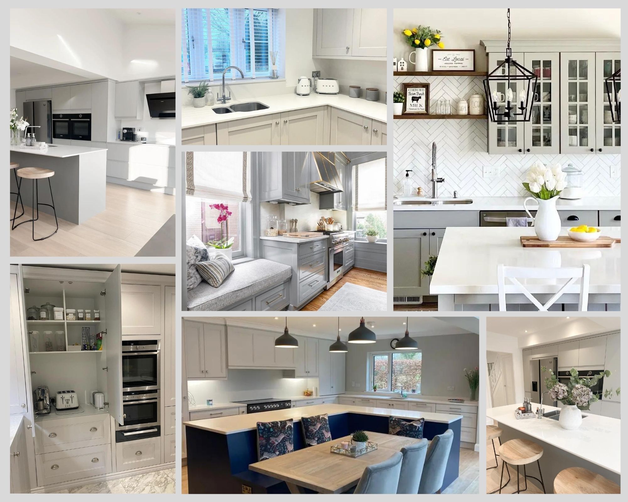 A collage of pictures of light gray kitchen cabinets.