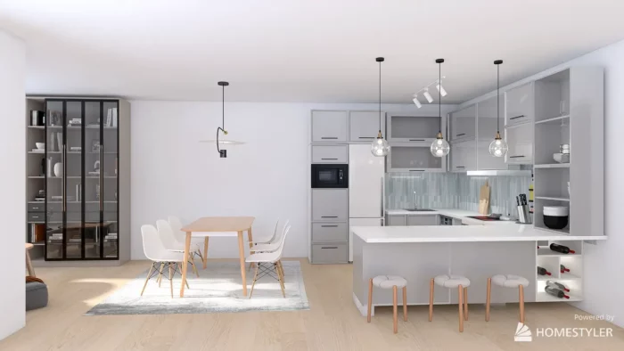A modern kitchen and dining room with light gray kitchen cabinets in a 3d rendering.