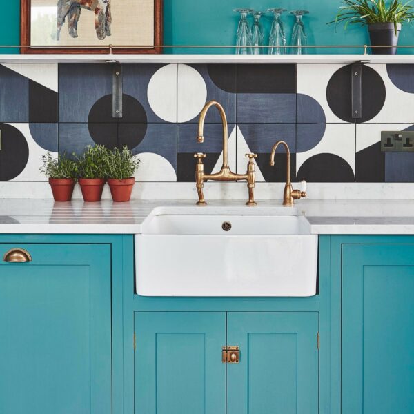 A turquoise kitchen with black and white polka dots.