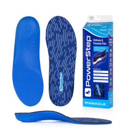 A pair of blue powerstep insoles for auto comfort.