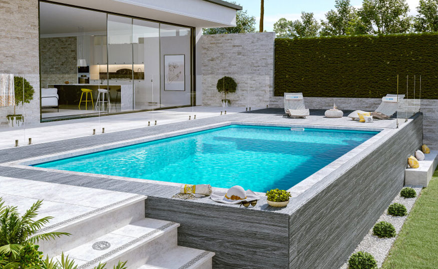 A backyard swimming pool with a modern design.