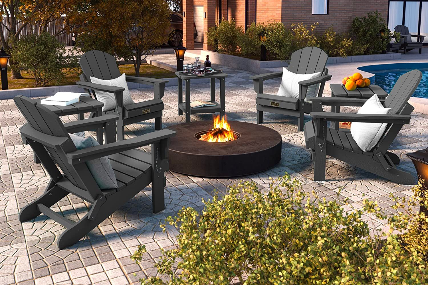 Adirondack chairs with a fire pit on a patio - Benefits of Outdoor Fire Pits.