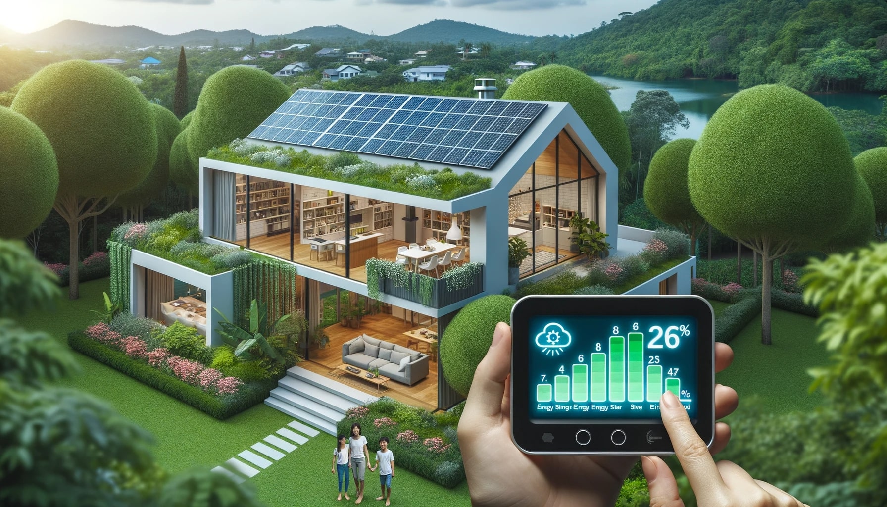 A person holding a smart phone with solar panels on the roof of a house, explaining How to Ensure Your Home is Environmentally Friendly.