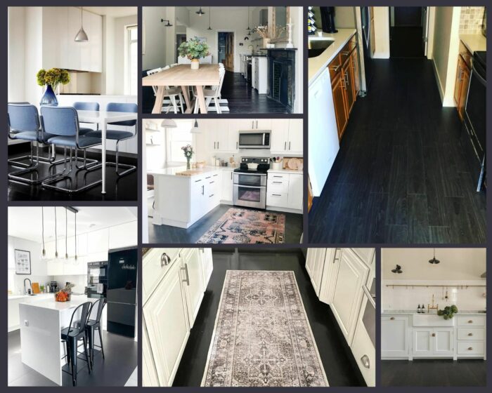 A collage of pictures showcasing black kitchen floor designs.