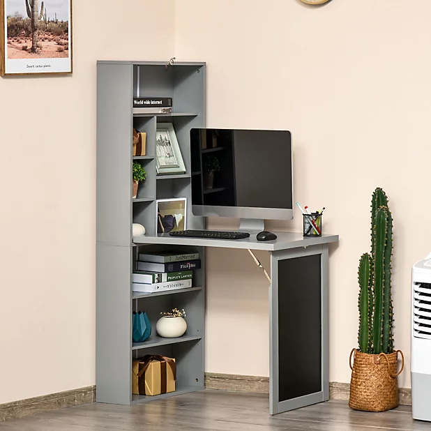 An ultimate guide to multifunctional furniture ideas, featuring a computer desk with shelves and a cactus.
