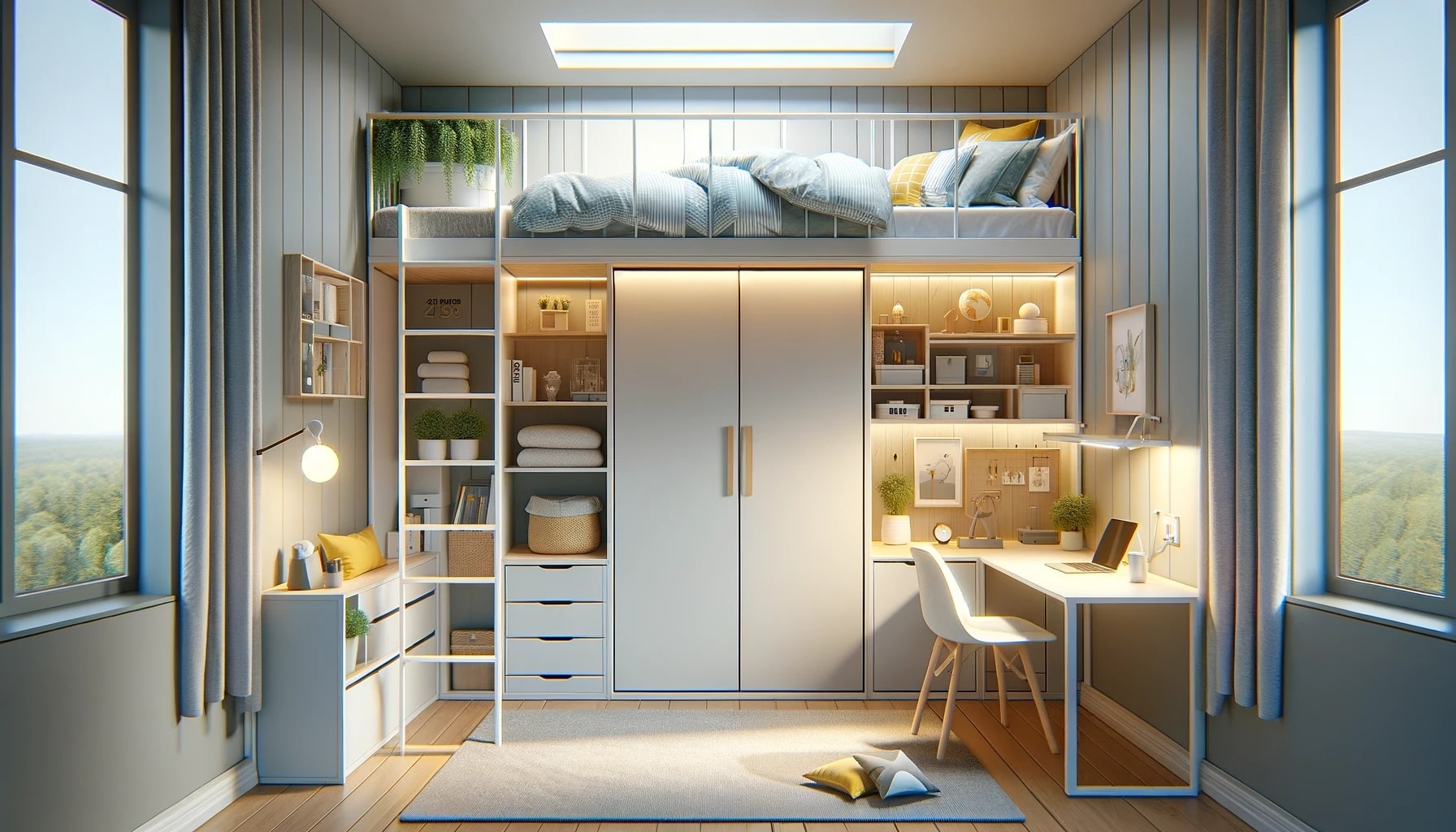 A small bedroom with an IKEA loft bed and desk, maximizing small spaces with clever furniture solutions.