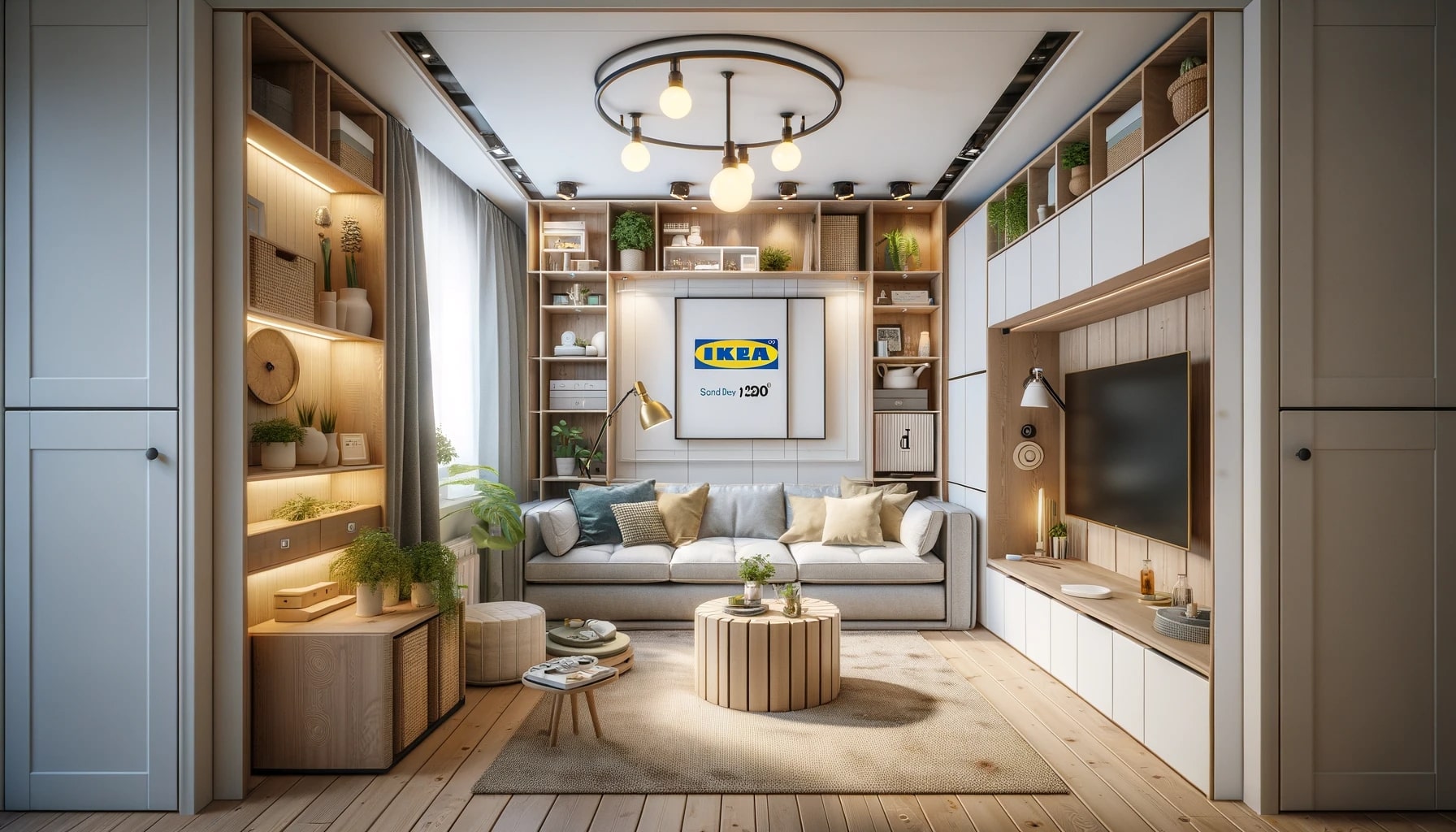 A living room with Maximizing solution of shelves and a television, perfect for Small Spaces.