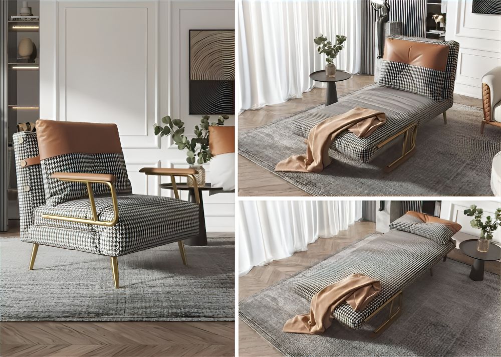 Four different pictures of a lounge chair and ottoman, showcasing multifunctional furniture ideas.