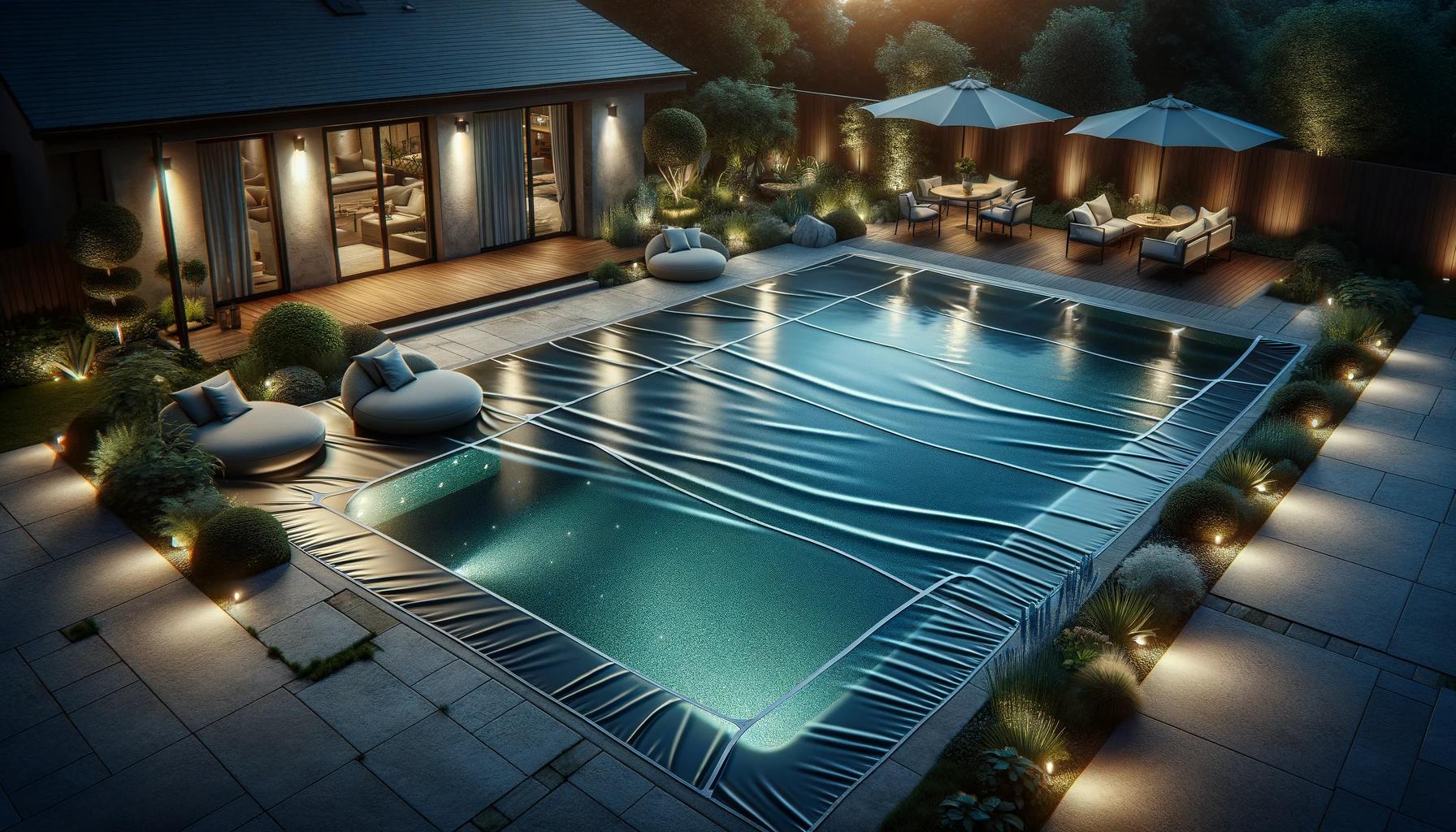 A 3d rendering of a swimming pool at night with a pool cover.