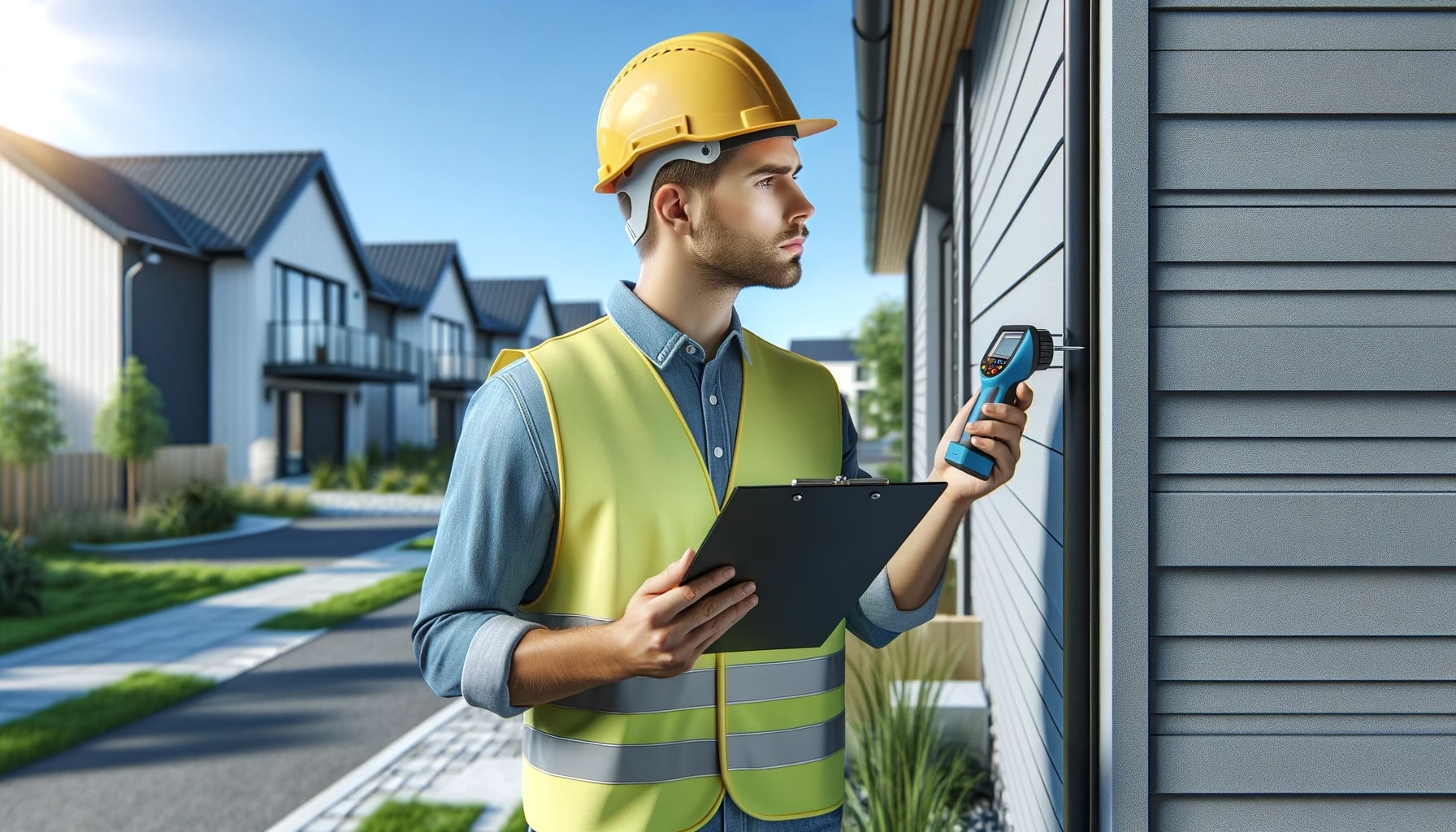 A construction worker conducting a Pre-Purchase Inspection, holding a clipboard in front of a house to avoid Home Purchase Pitfalls.