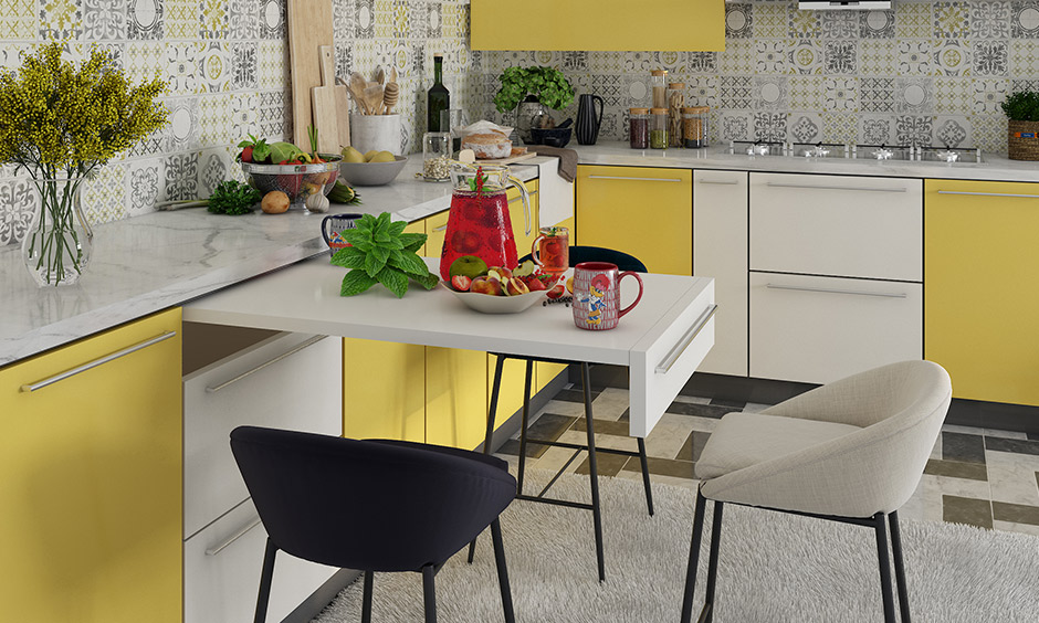 The ultimate guide for a yellow and white kitchen packed with ideas for multifunctional furniture like a table and chairs.