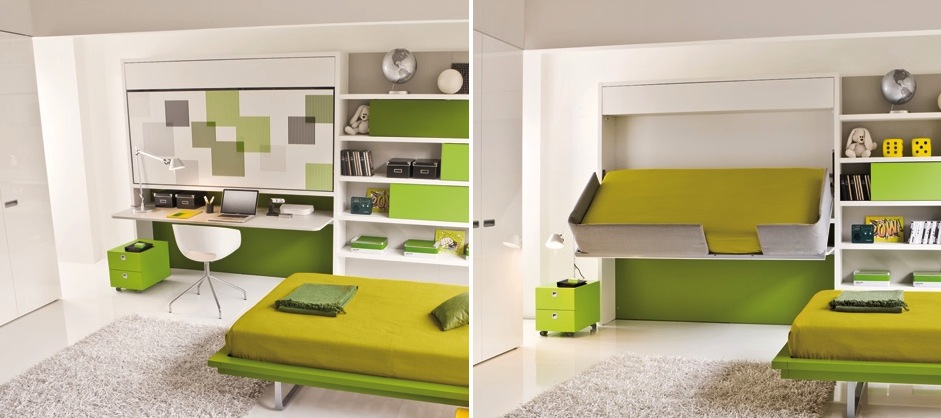 The Ultimate Guide to Multifunctional Furniture Ideas - two pictures of a green and white bedroom with a bed and desk.