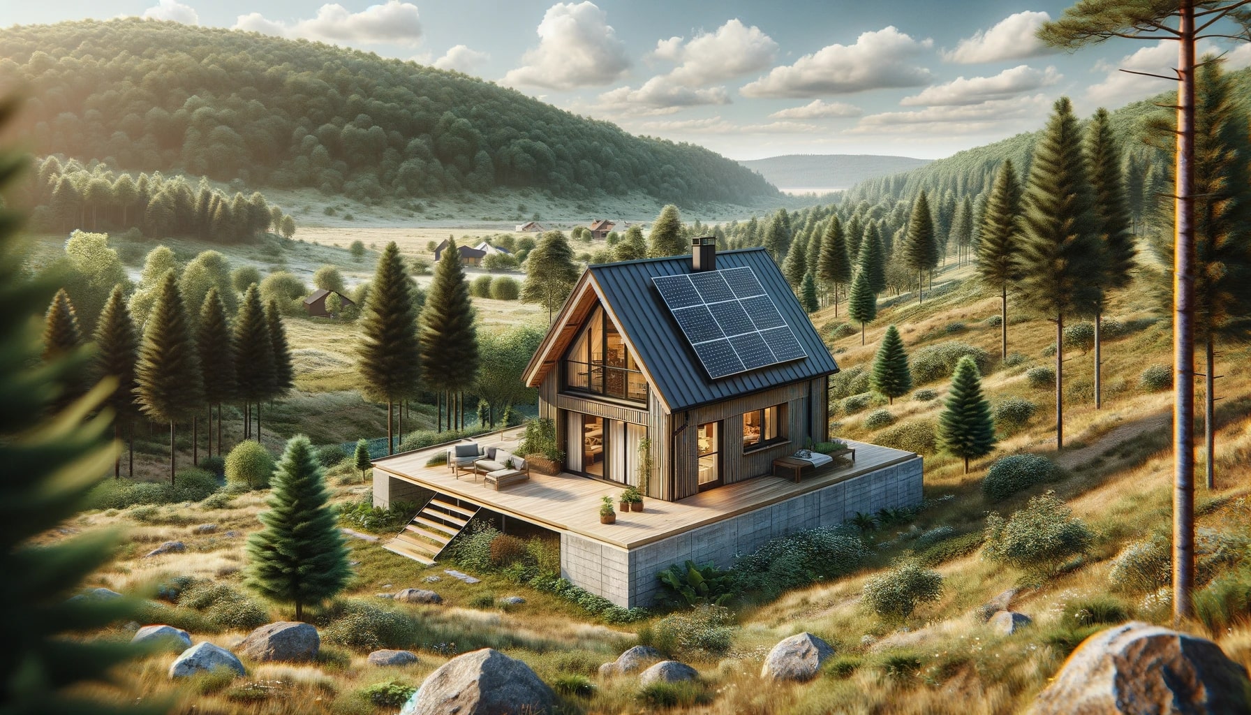 3d rendering of a green tiny house in the mountains.
