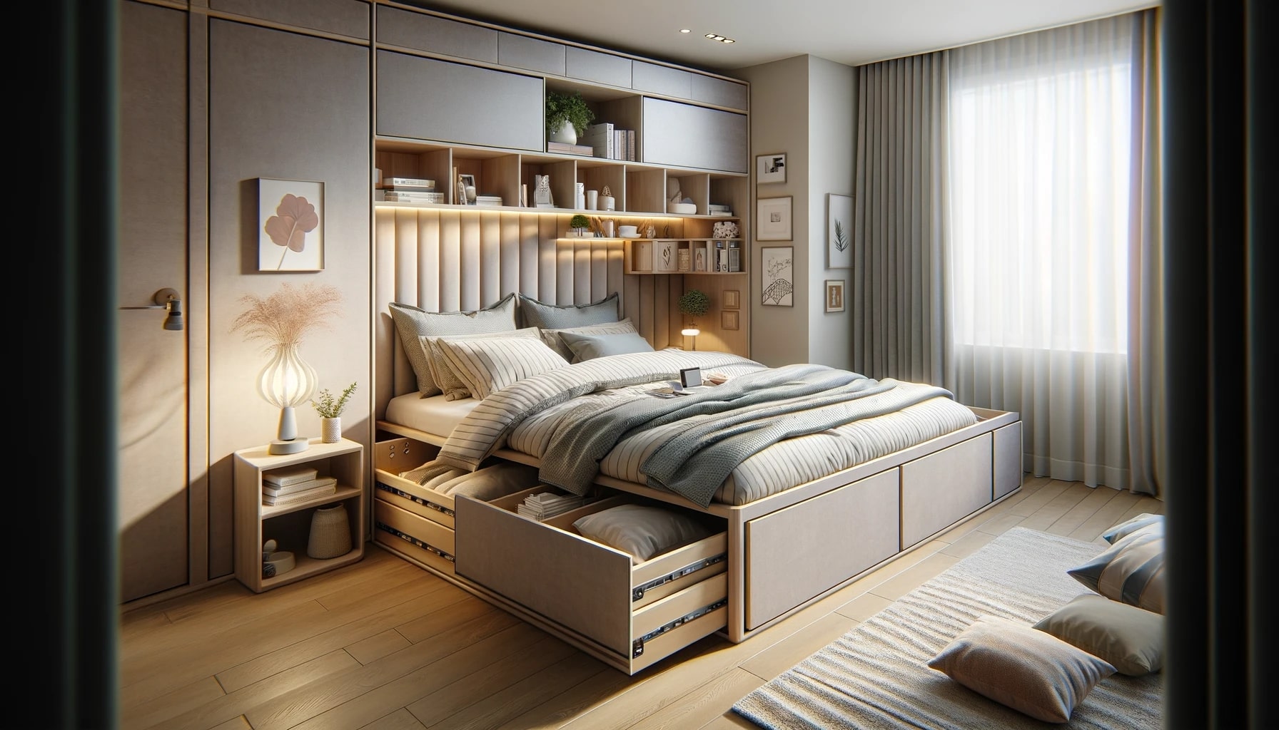 A small bedroom with space-saving furniture, including a bed and a bedside table.