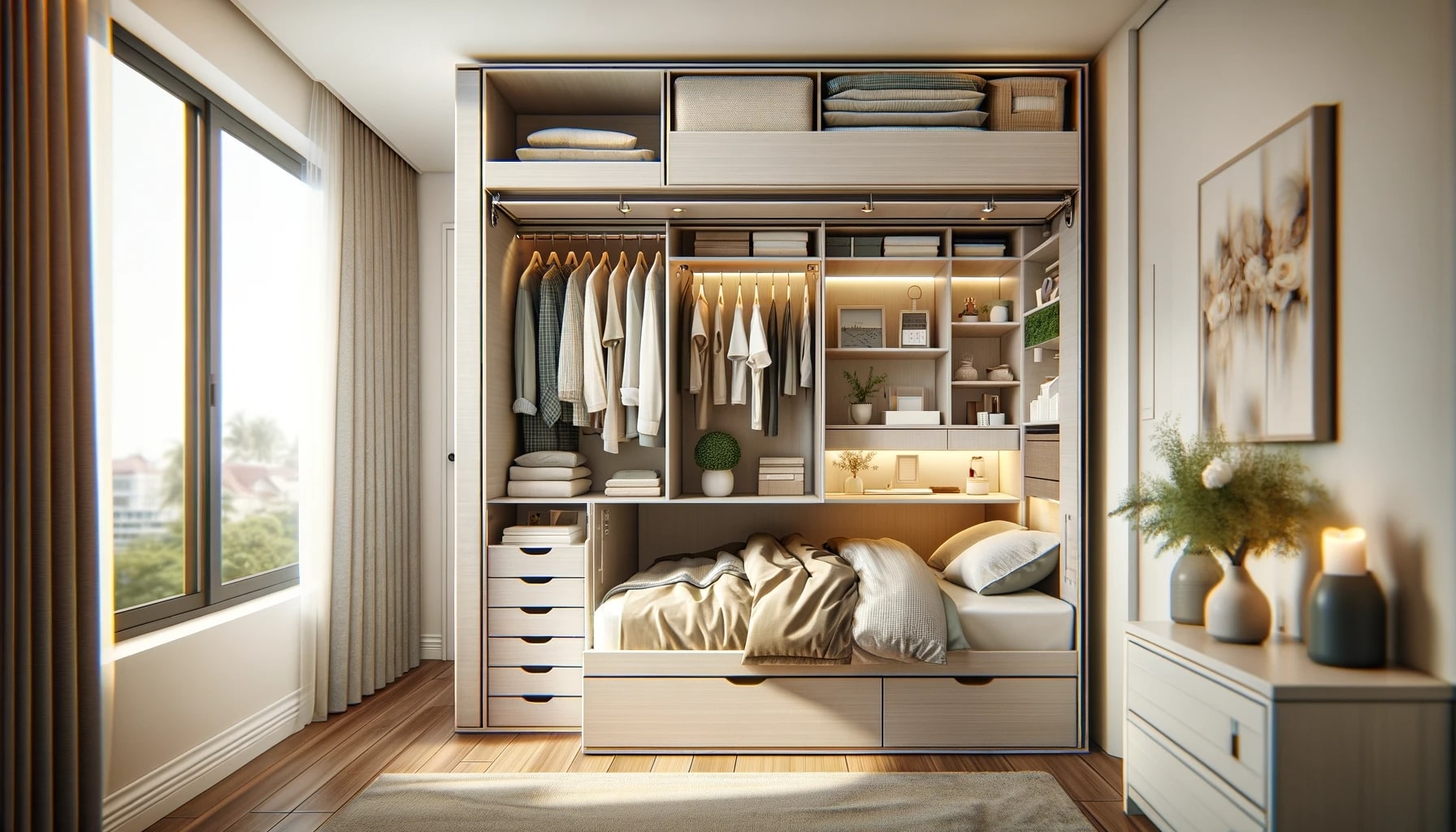A small bedroom with a bed and a space-saving closet.