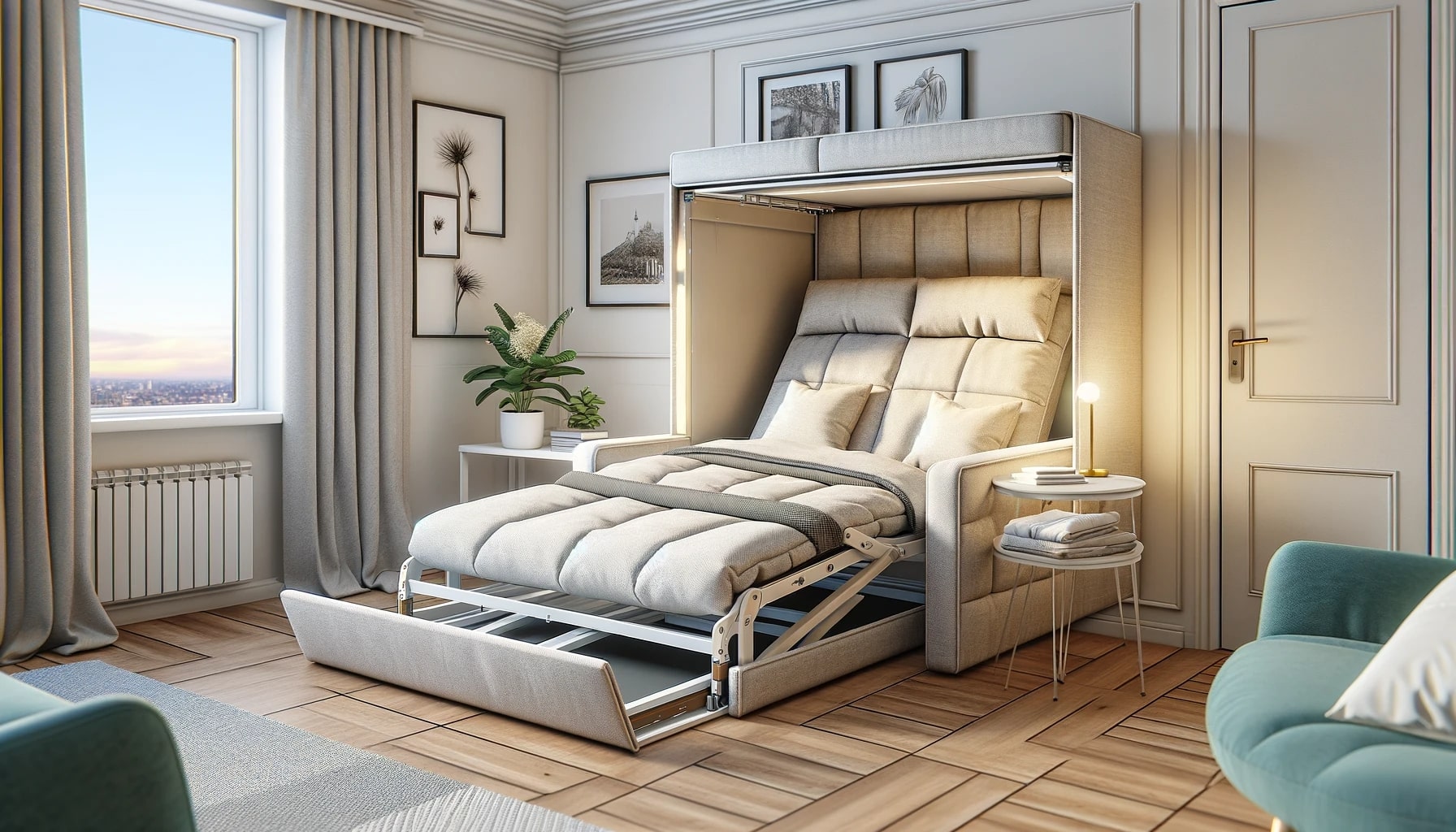 A small bedroom with space-saving furniture including a bed and a chair.