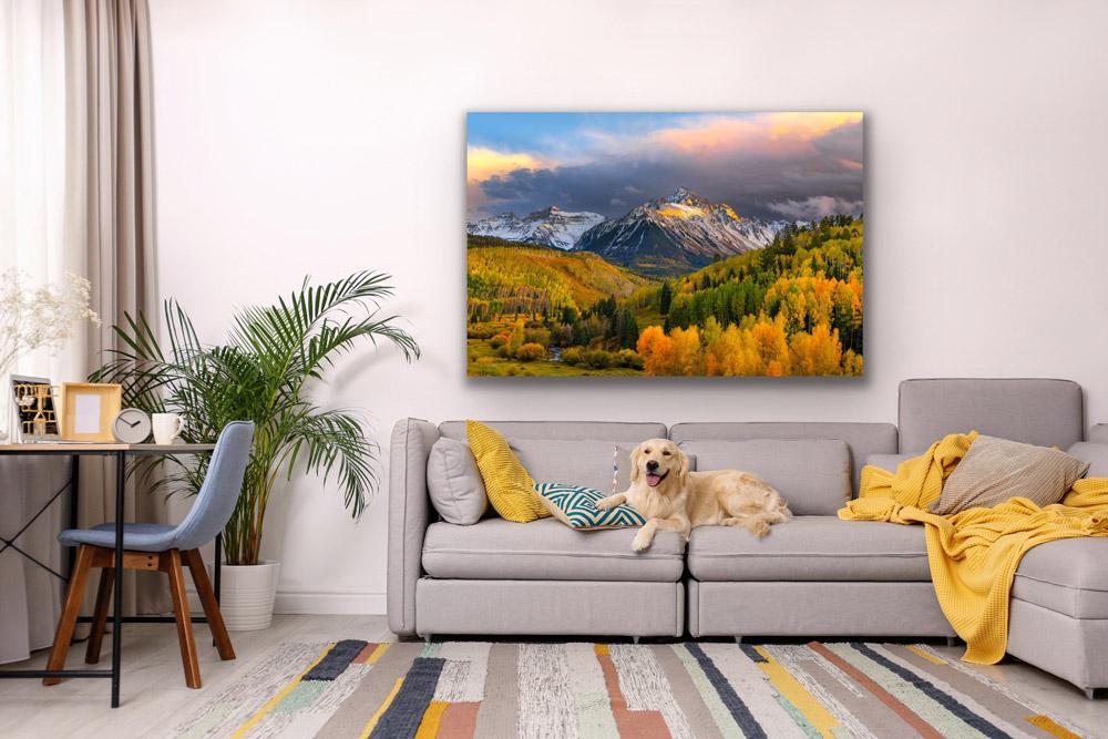 A nature-loving dog rests on a couch in an interior-designed living room, with majestic mountains in the background.