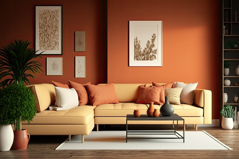 Modern living room interior with beige sofa and wall art
