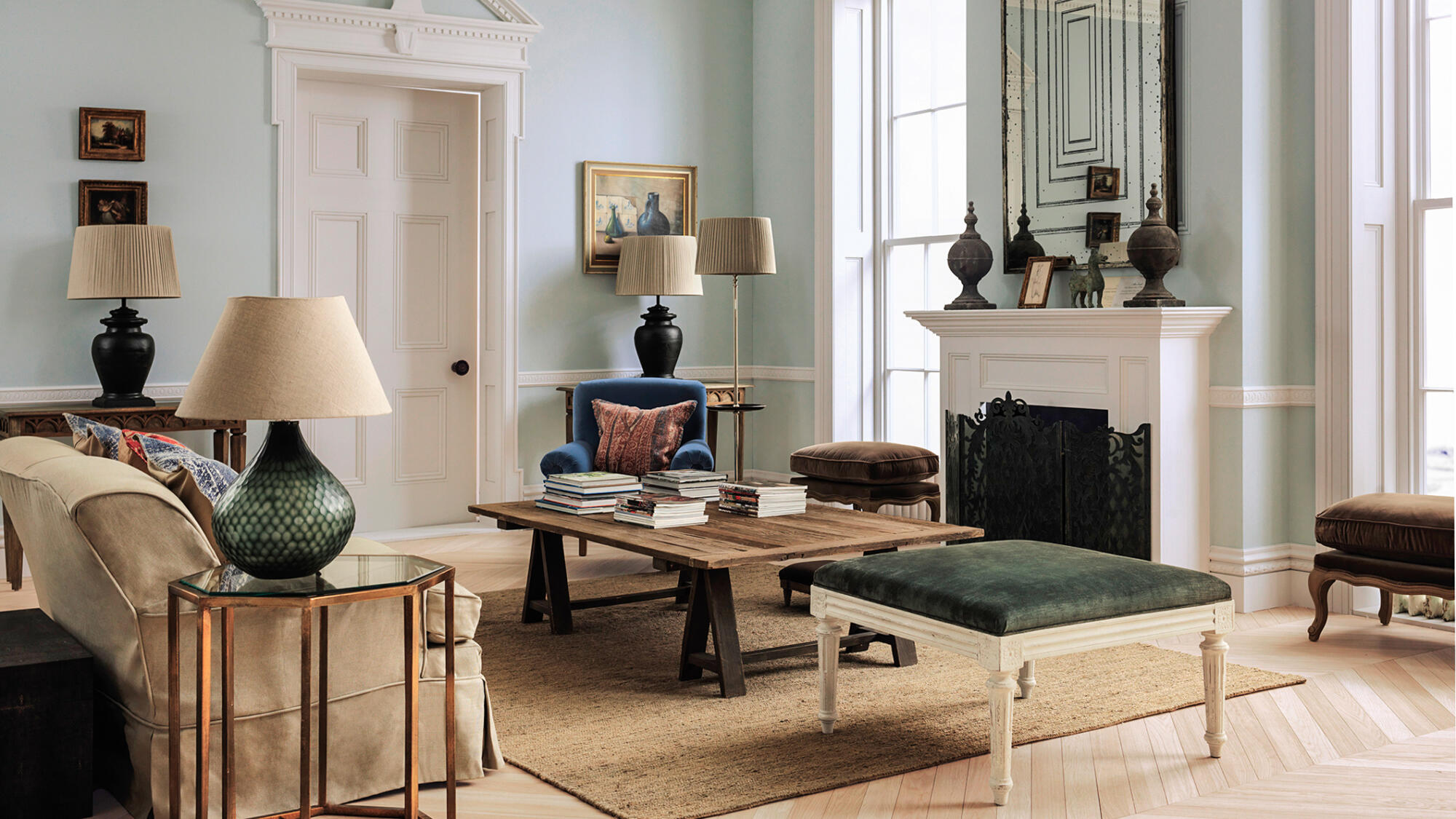 Elegant living room interior with stylish furniture and decor.