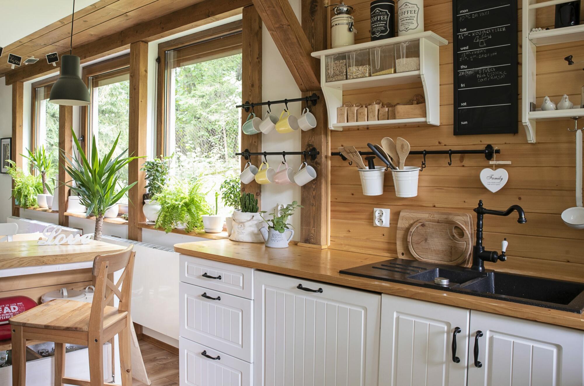 Cozy rustic kitchen interior with plants and natural light.
