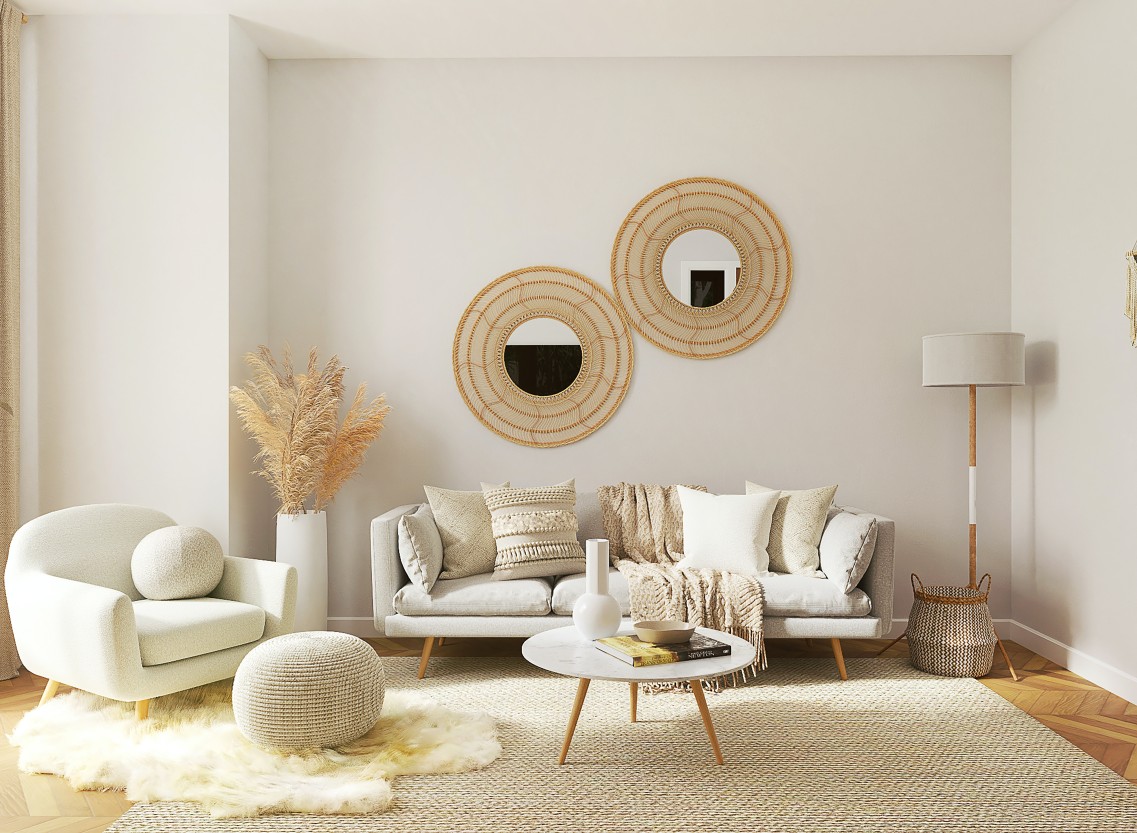 Modern minimalist living room interior design with neutral tones.