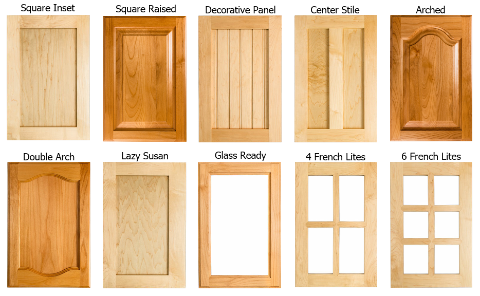 Assorted wooden cabinet door designs on white background.