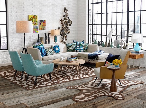 Bright, eclectic living room interior design with large windows.