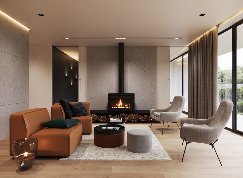 Modern living room with fireplace and stylish furniture.