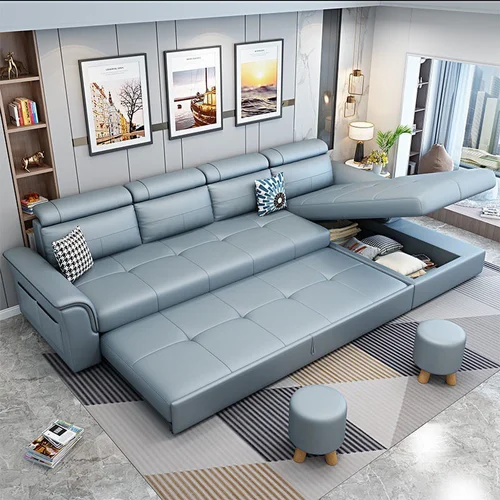 Modern gray sectional sofa in styled living room.