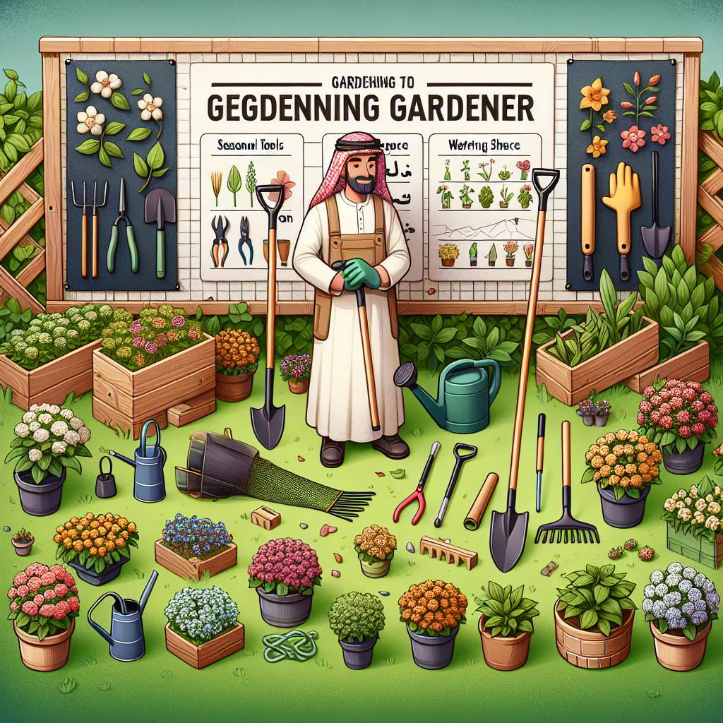 Illustrated gardening tools, plants, and a person in a garden.