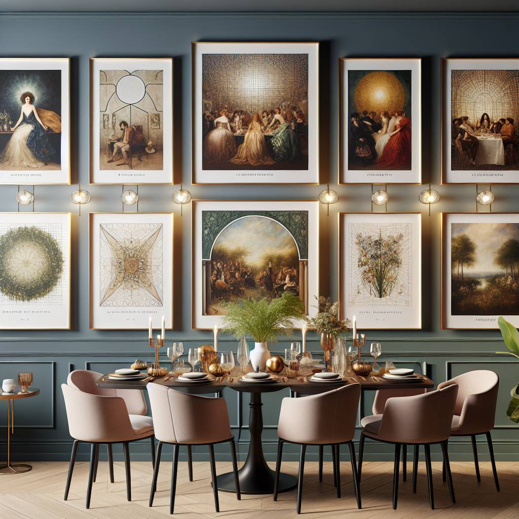 Elegant dining room with art gallery wall and modern decor.