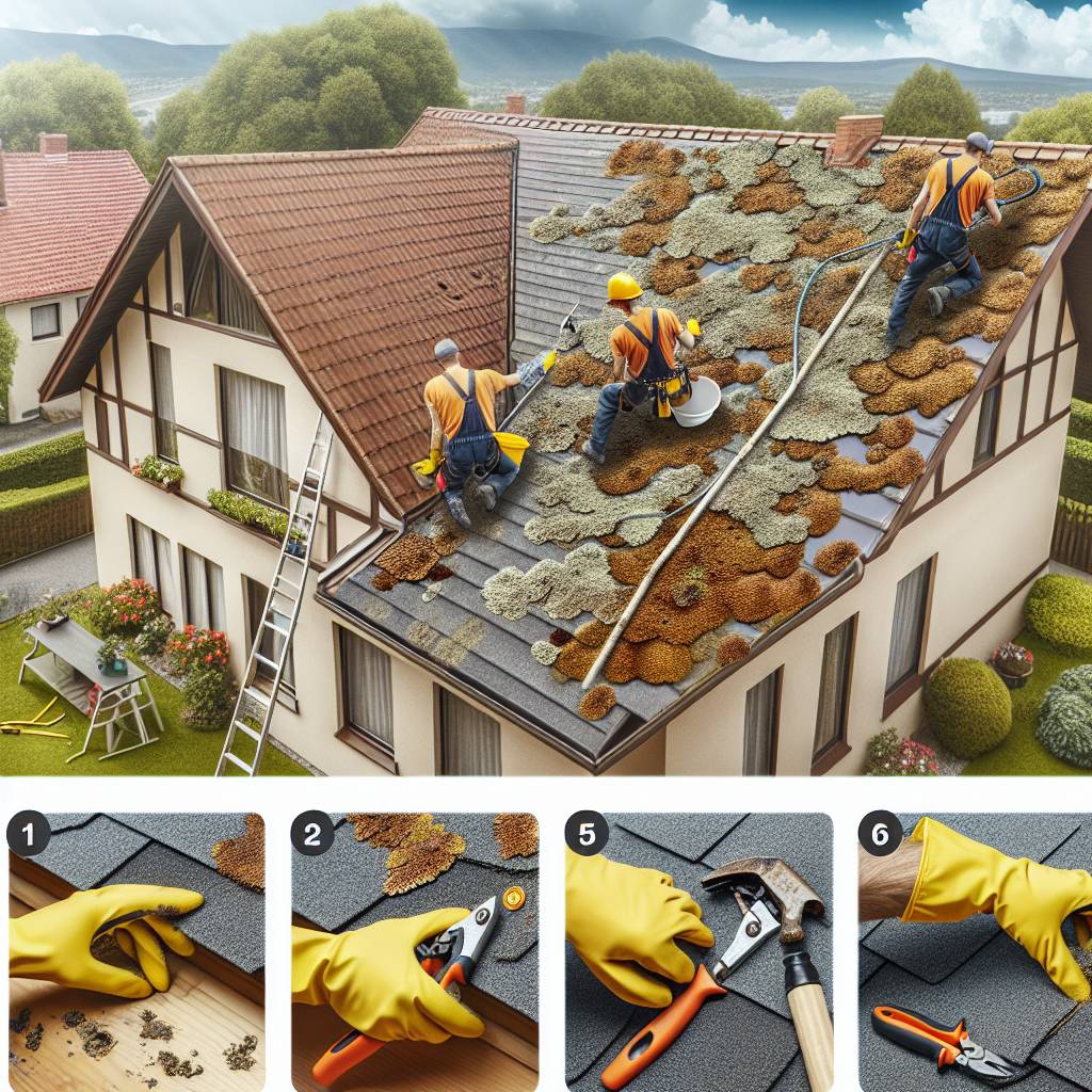 Workers removing moss from rooftop, detailed steps shown.