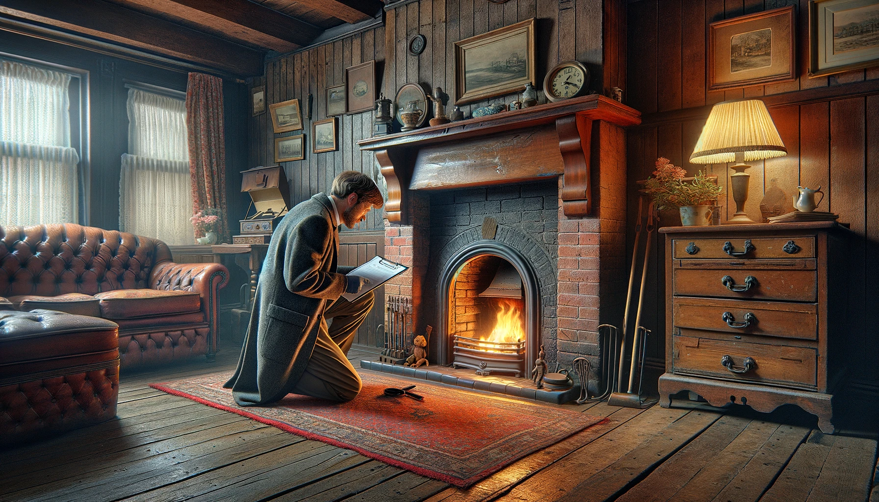 Man reading by cozy fireplace in vintage room.
