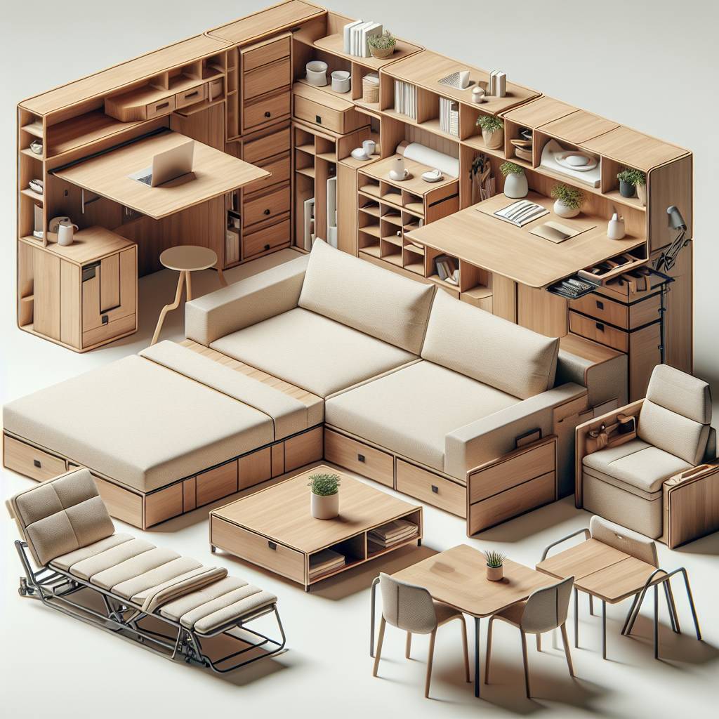 Modular wooden furniture arrangement in neutral tones.