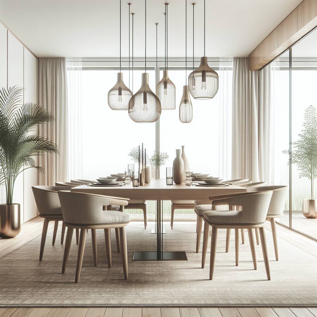 Modern dining room with hanging lights and wooden table.