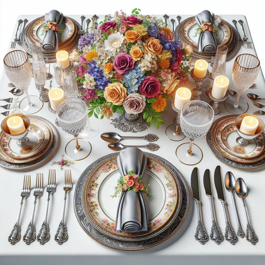 Elegant table setting with floral centerpiece and candles.