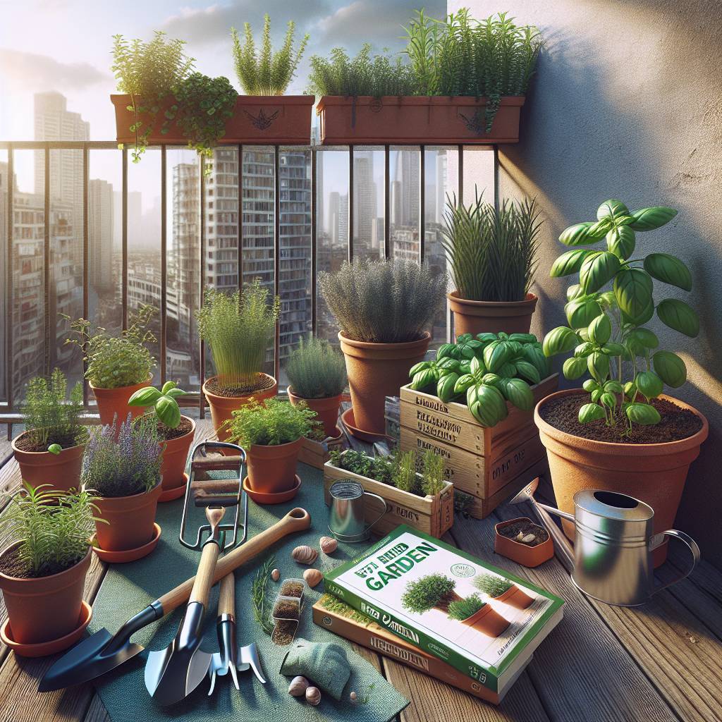 Urban balcony garden with plants and gardening tools.