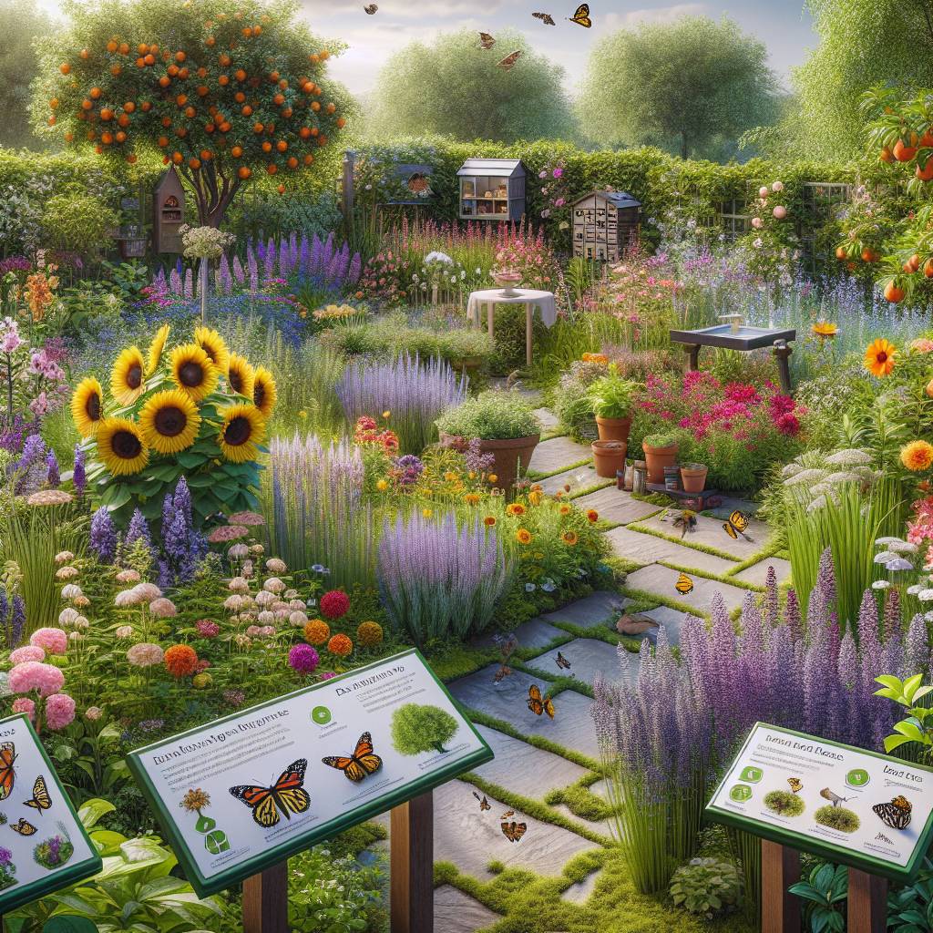 Colorful garden with flowers, bees, and educational signs.